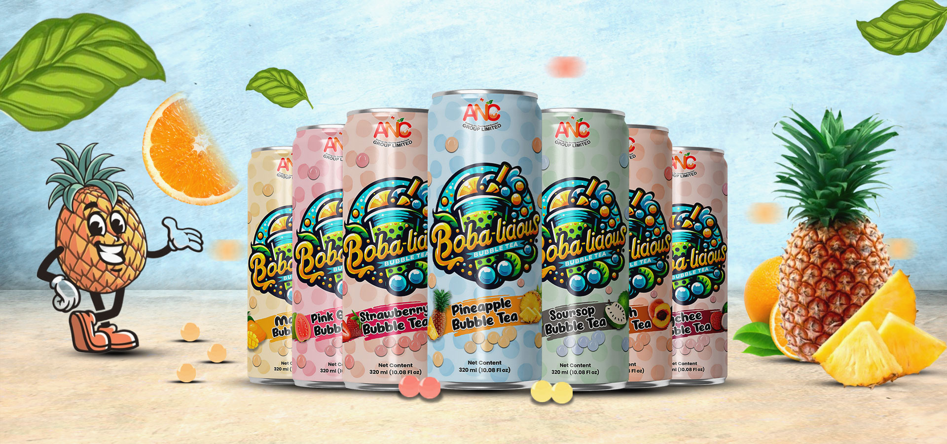Bobalicious Bubble Tea cans lined up in fruity flavours with playful pineapple mascot and vibrant tropical backdrop.
