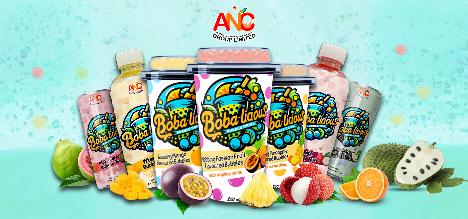 Bobalicious Bubble Tea in cups, cans, and bottles with tropical fruits and ANC Group Limited branding.