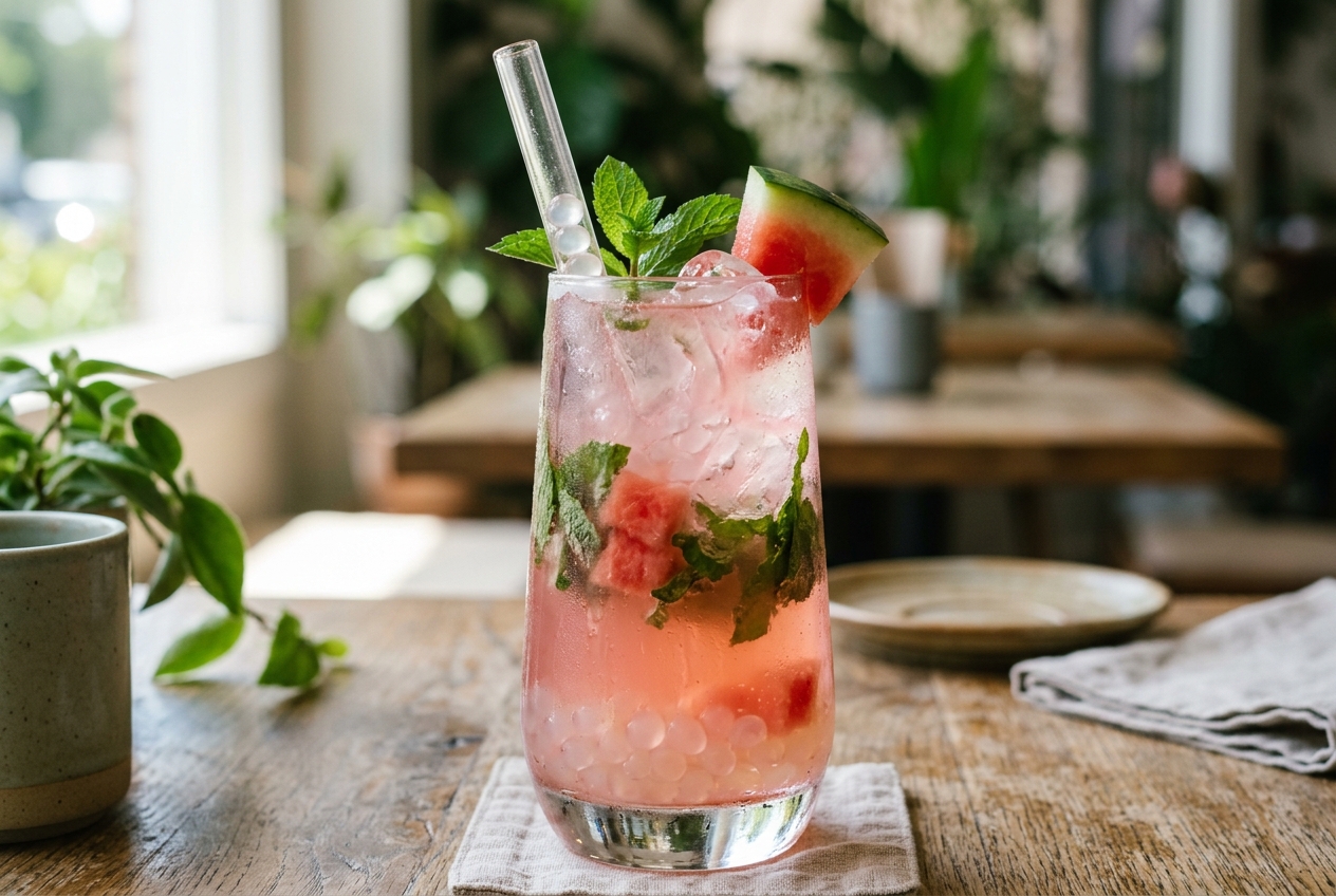 Watermelon mint bubble tea with crystal boba Watermelon mint bubble tea with crystal boba