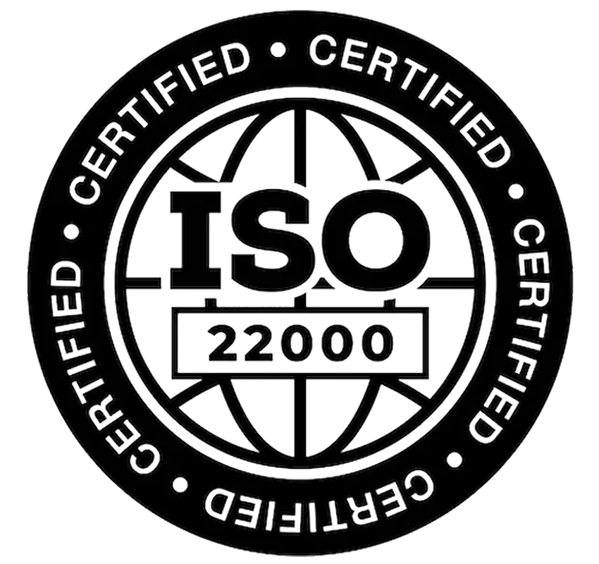 A black and white circular seal with 'ISO 22000 Certified' in white text.