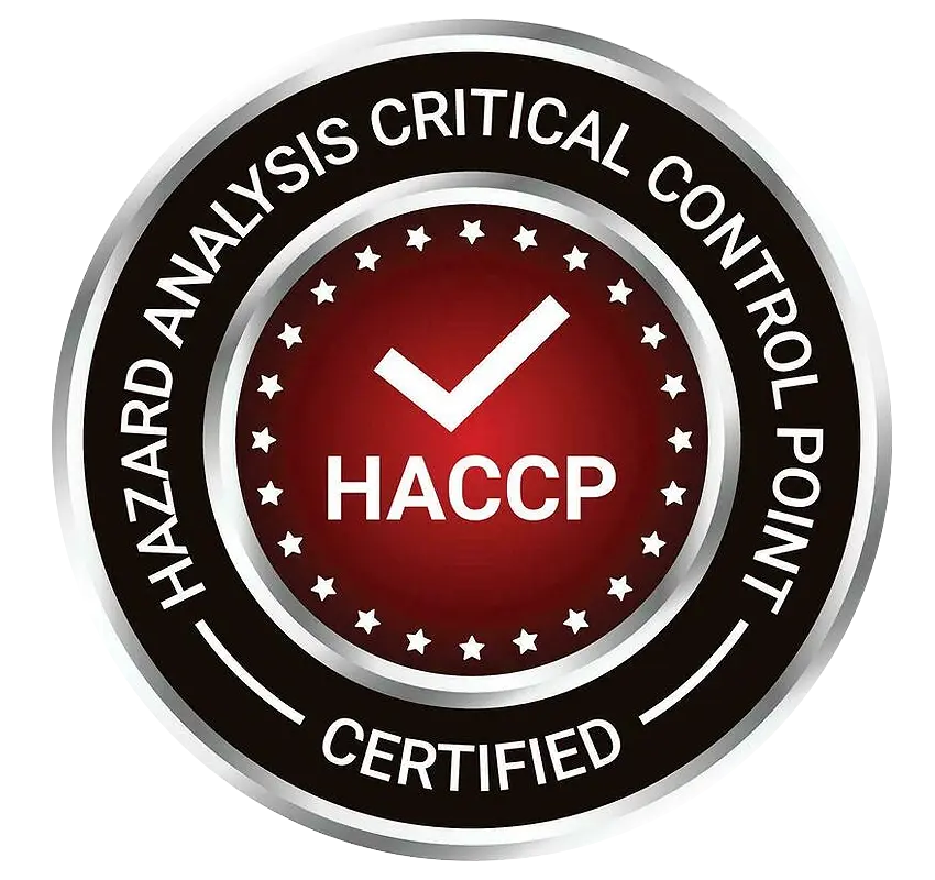 A black and red circular seal with 'HACCP Certified' in white text.