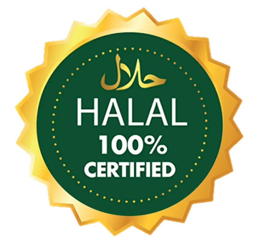 A green circular seal with 'Halal 100% Certified' in white text.