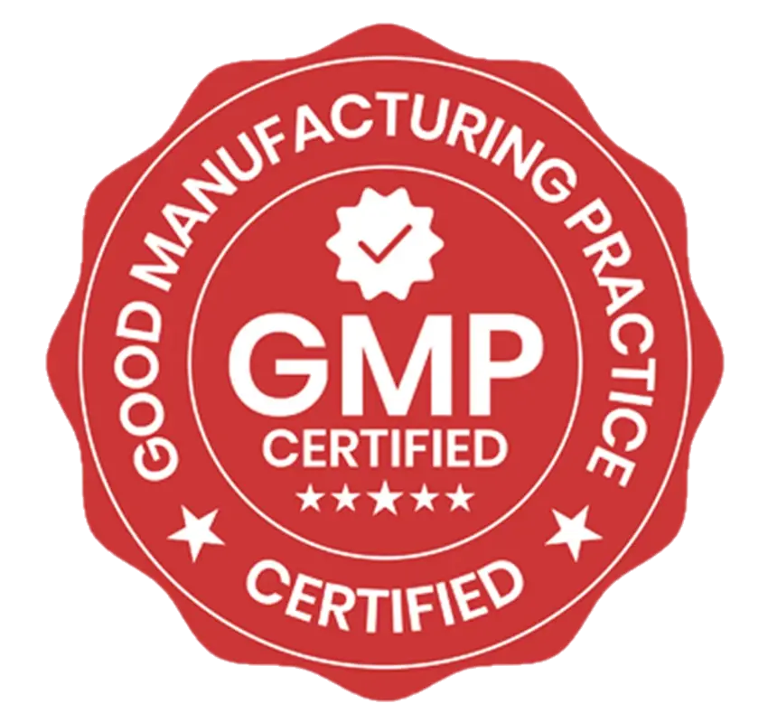 A red circular seal with 'Good Manufacturing Practice Certified' in white text.