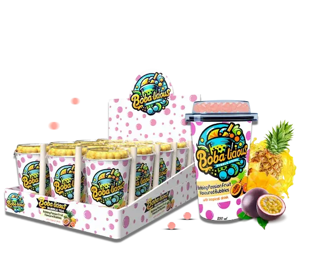 Bobalicious Litchi Passion Fruit bubble tea cups with popping boba, displayed in retail-ready packaging.