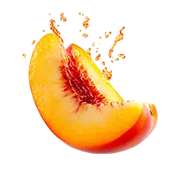 Juicy peach slice with splash effect, representing fresh peach flavour.