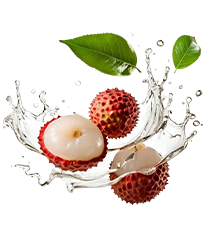 Juicy lychees splashing in water with fresh green leaves.