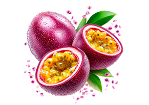 Fresh whole and halved passion fruits with vibrant yellow pulp and green leaves.