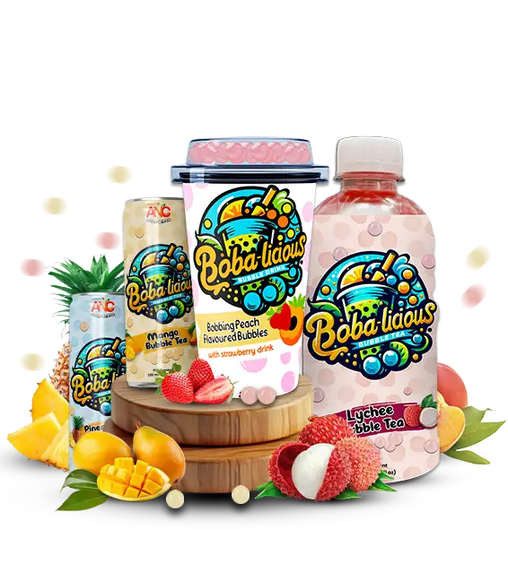 Colorful Bobalicious logo featuring a bubble tea cup with vibrant fruit and boba design elements.