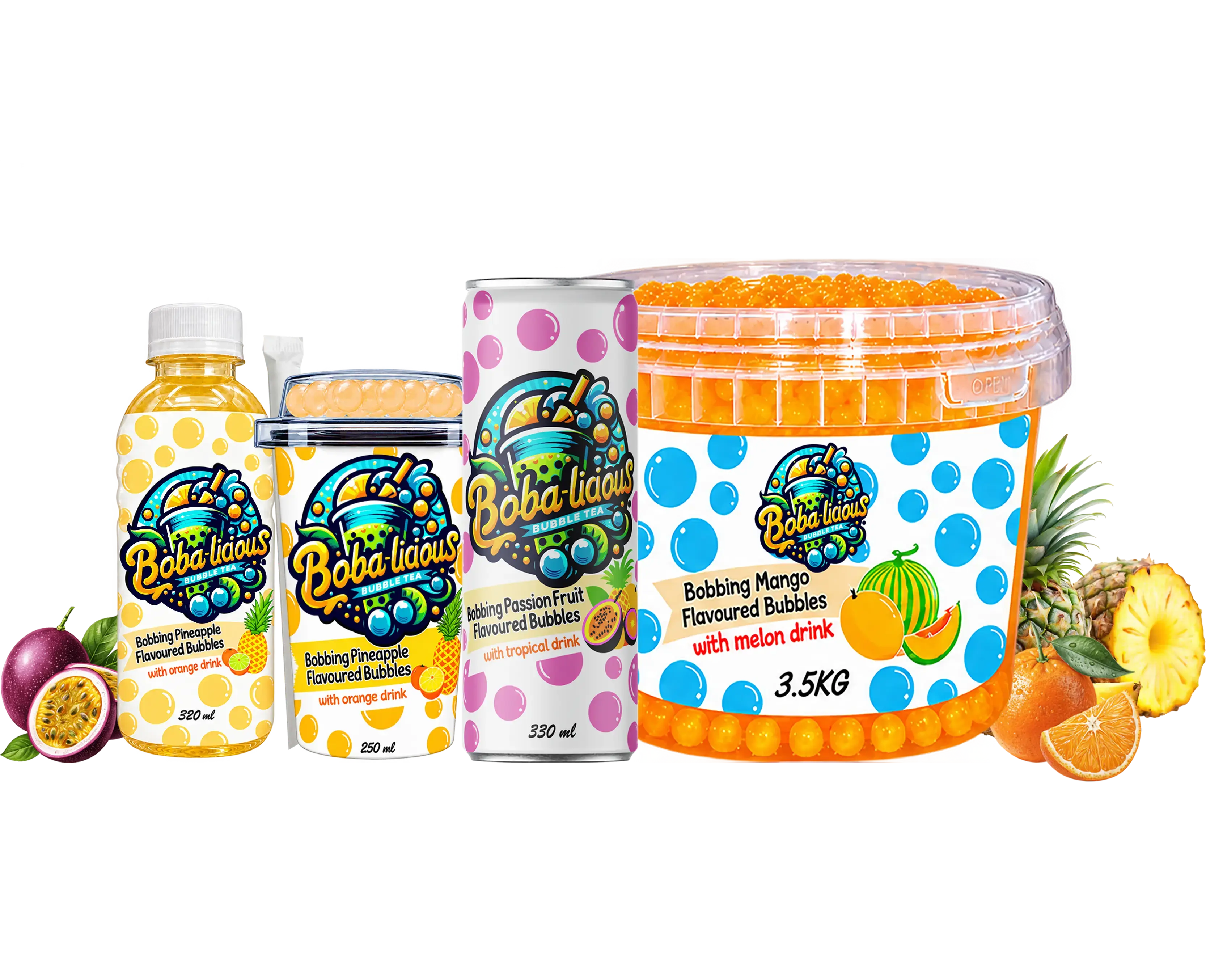 Bobalicious Litchi Passion Fruit bubble tea cups with popping boba, displayed in retail-ready packaging.