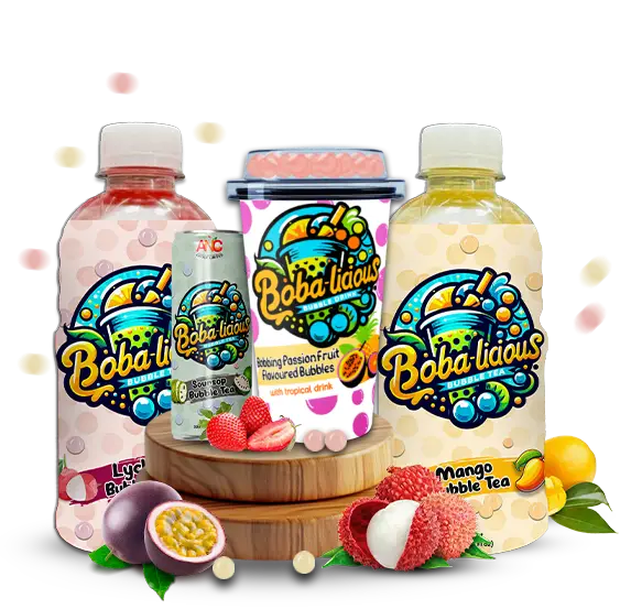 Assorted Bobalicious bubble tea drinks including cups, bottles, and cans surrounded by lychee, mango, strawberry, and passion fruit.