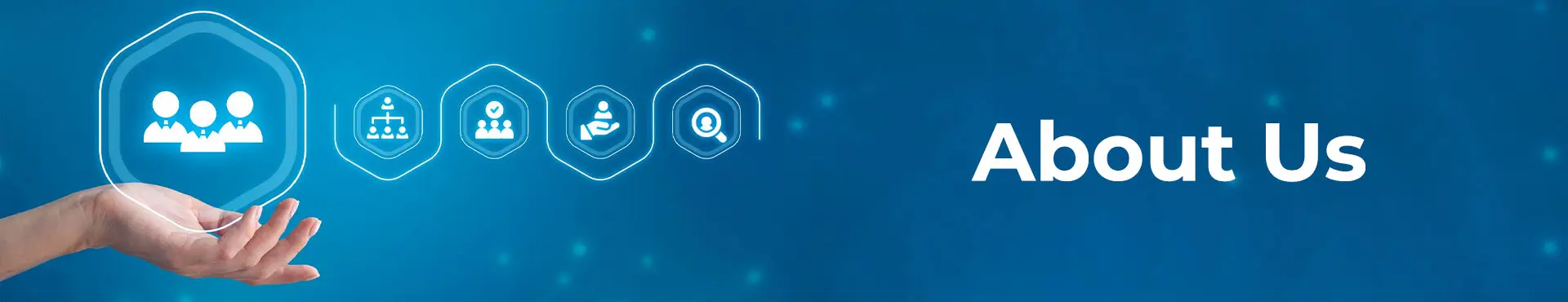 'About Us' section header with icons representing team, structure, and people management on a blue digital background.