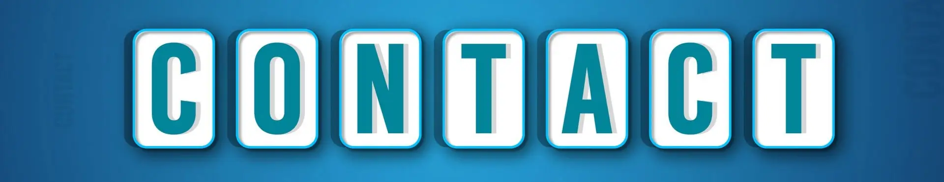 Bold 3D-style 'CONTACT' text on a blue background for a contact page header.