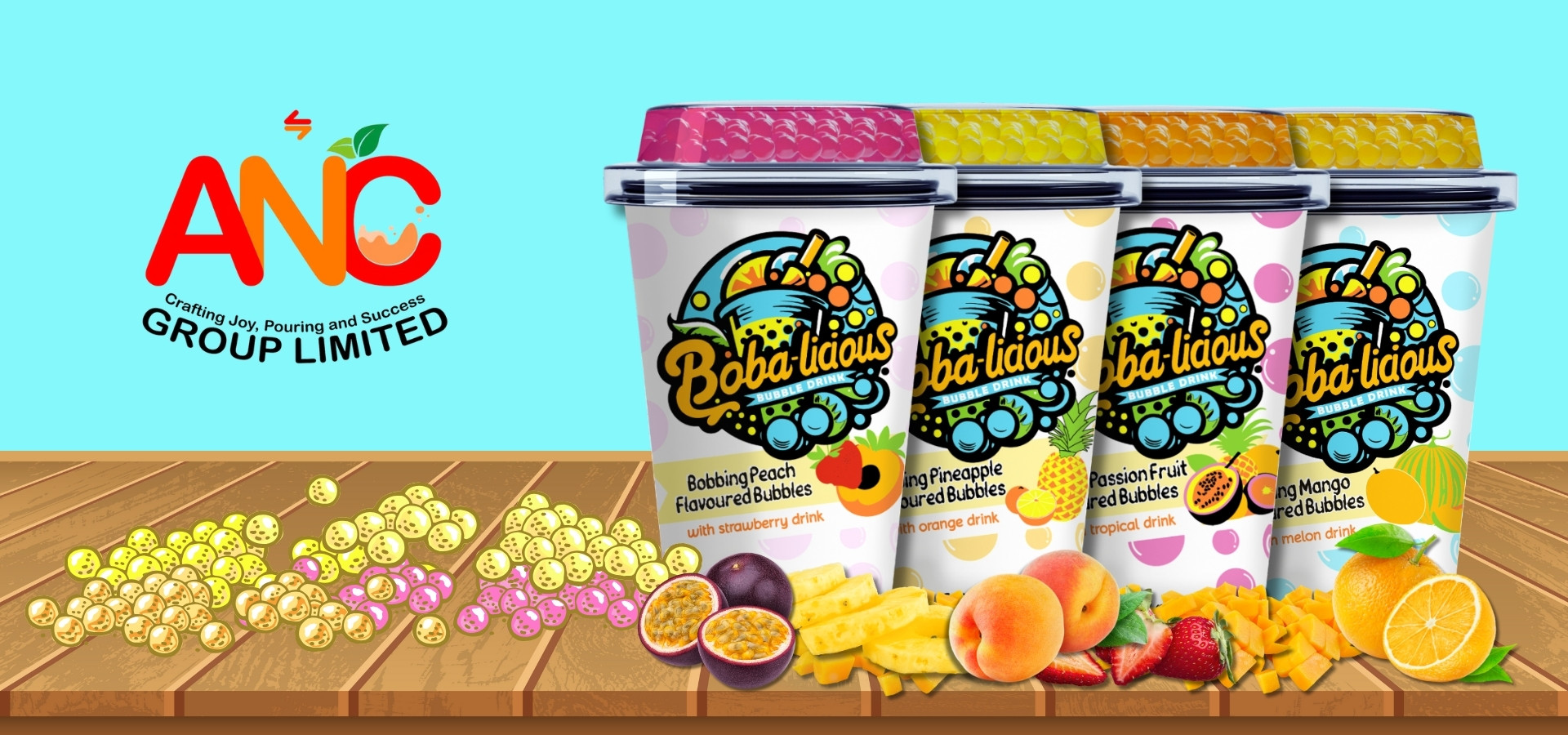 Bobalicious bubble drinks in various flavors with vibrant fruit decorations and ANC Group Limited logo.